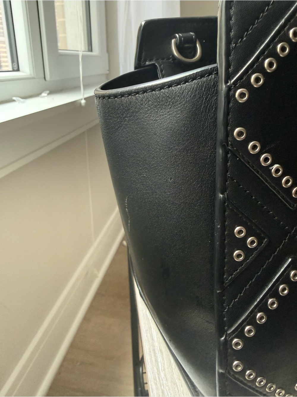 Micheal Kors Selma Large Black Leather Diamond Grommet Satchel Silver Hardware - Picture 9 of 15